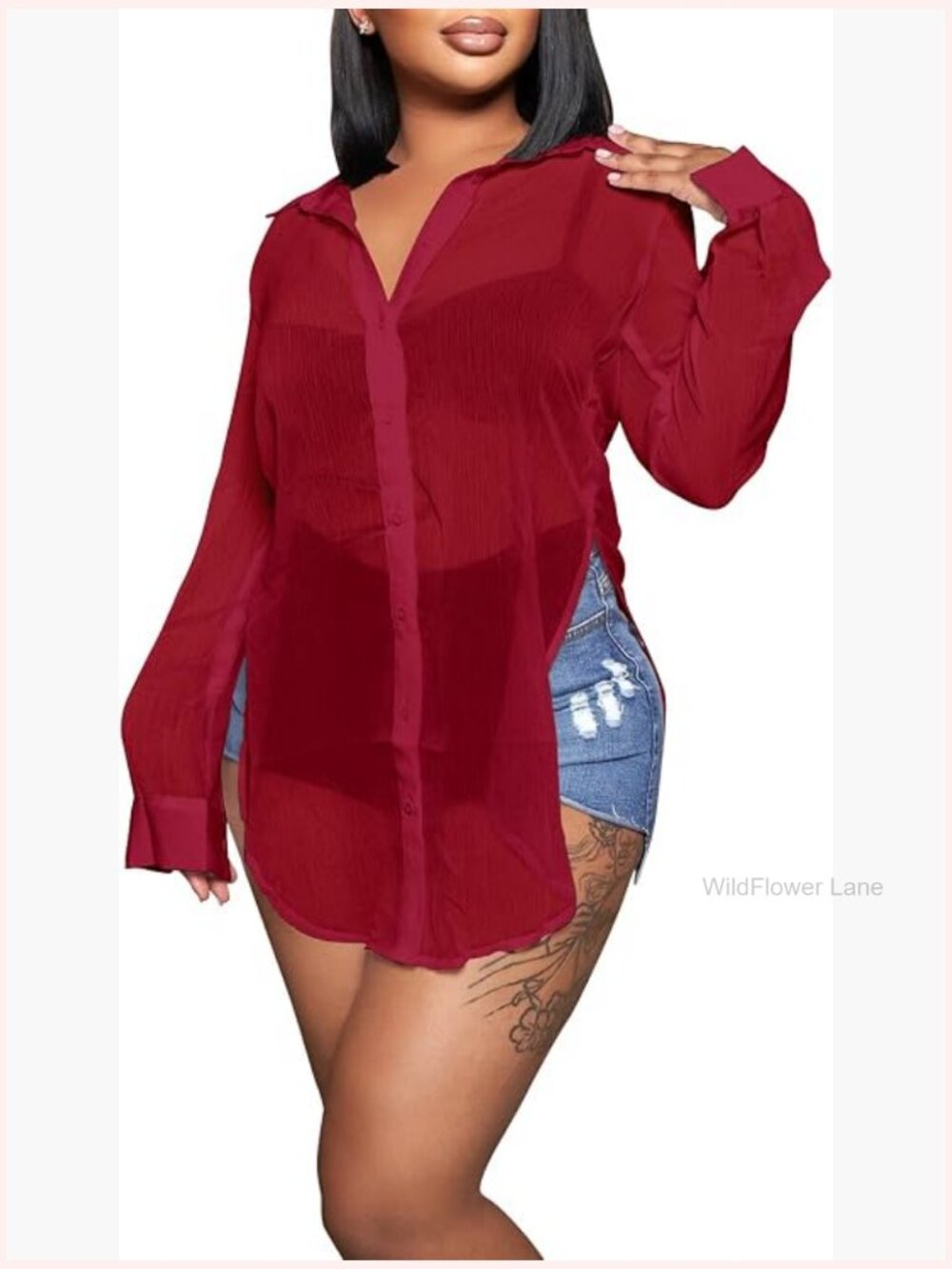 Sheer Button Up Blouse Long Sleeve Mesh See Through Top Sexy